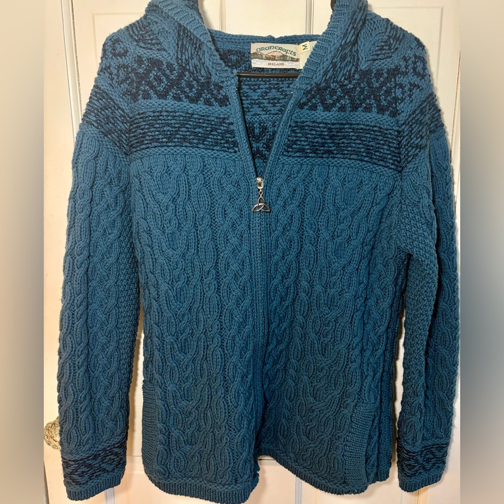 Aran Crafts Ireland Cable Knit Hoodie Sweater Womens M Blue Full Zip Chunky Wool - Picture 3 of 6